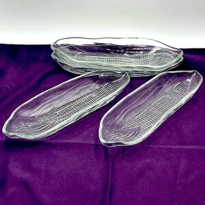 Toscany Glass: VTG Textured Corn on the Cob Clear Pressed Glass Holders / Dishes